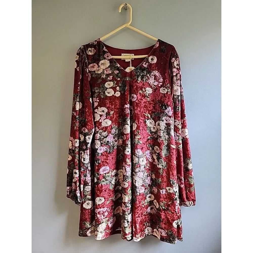 Loveriche Womens‎ L Floral Boho Faux Velvet LD42500 Wine Mix Dress
